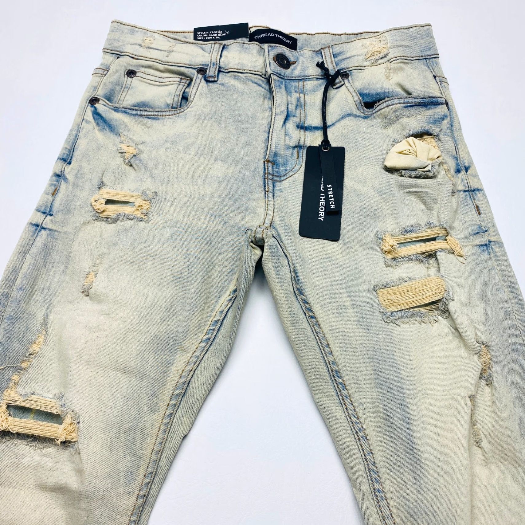 Theory NWT Thread Theory Jeans Mens 29x30 Sand Blue Distressed Skinny Fit Stretch NEW Size US 29 - 3 Thumbnail