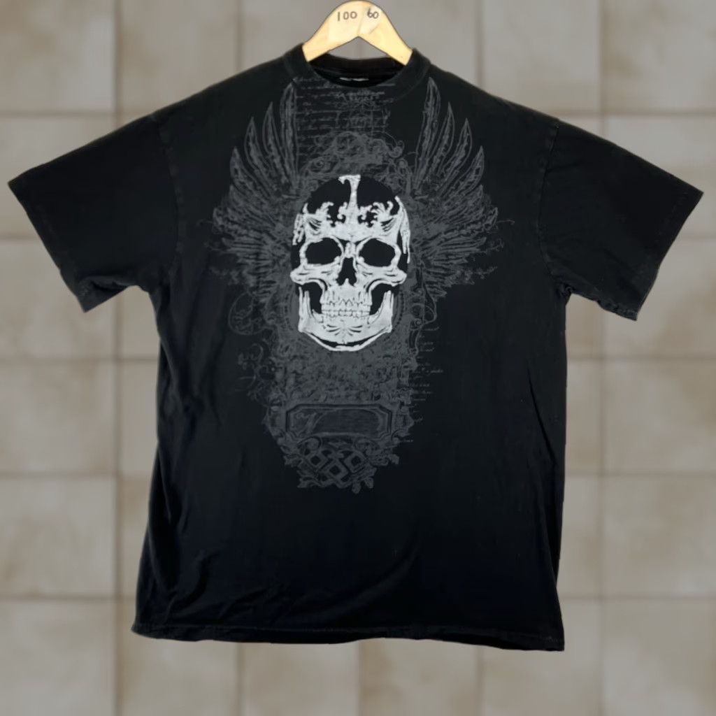 Vintage VINTAGE Hard 10 T-Shirt Mens 2XL Black Cotton Graphic Print Skull Wings UFC Fight Biker Warrior Front Mock Neck Short Sleeve Regular Fit Size US XXL / EU 58 / 5 - 1 Thumbnail