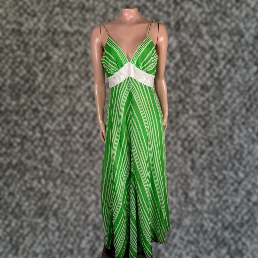 Vintage VINTAGE 1970s Women's Maxi Dress Cotton Polyester Green 10 S Striped V neck Party K3-21 Size S / US 4 / IT 40 - 1 Thumbnail