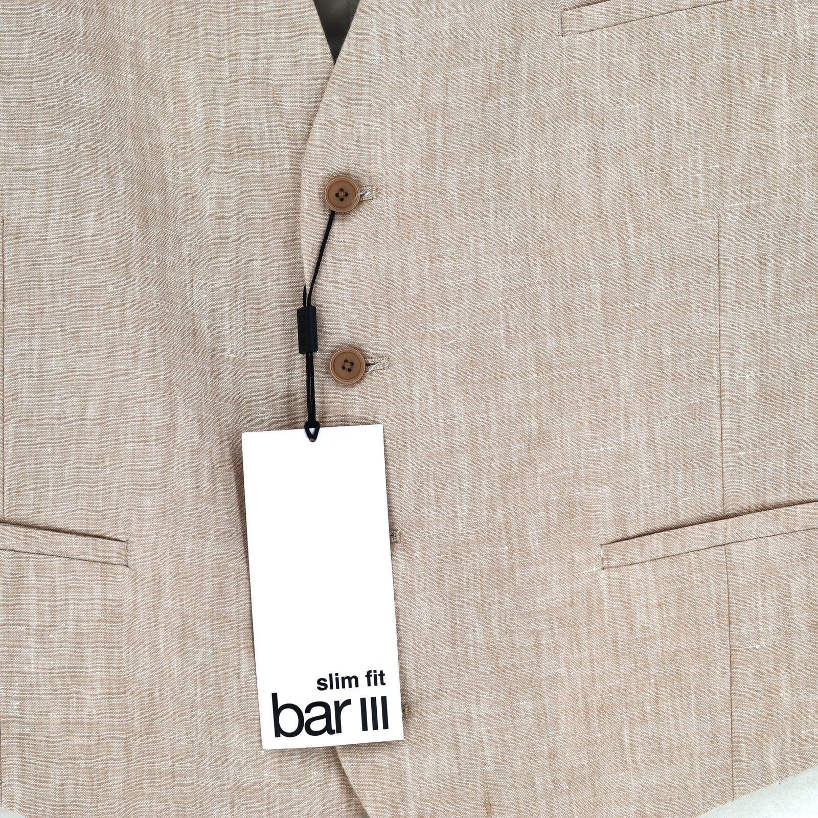 Bar III Bar III Men's Light Tan Linen Classic Linen Suit Vest Size L Size 44R - 4 Thumbnail