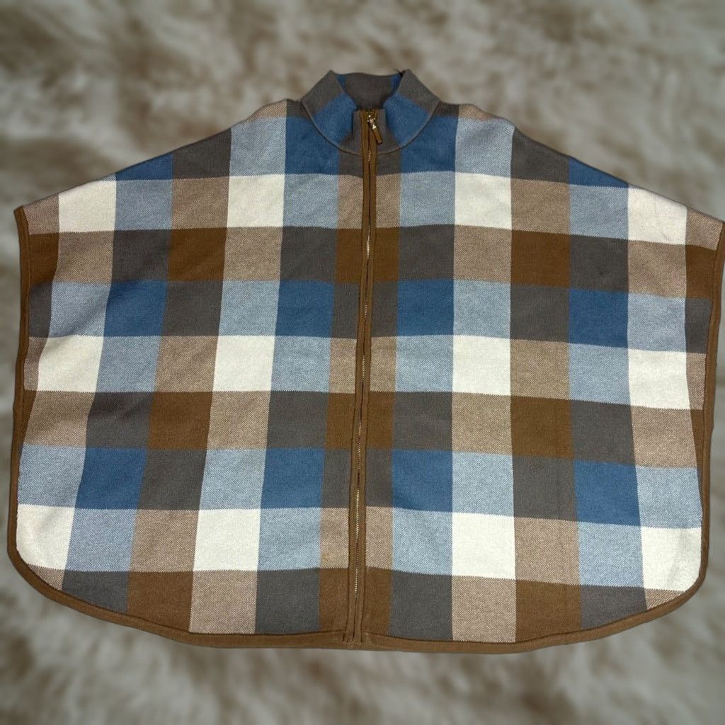 Vintage Tahari Plaid Poncho Jacket Sz S/M Light Blue Brown Zip Front Knit Women USSize S/M Size S / US 4 / IT 40 - 1 Thumbnail