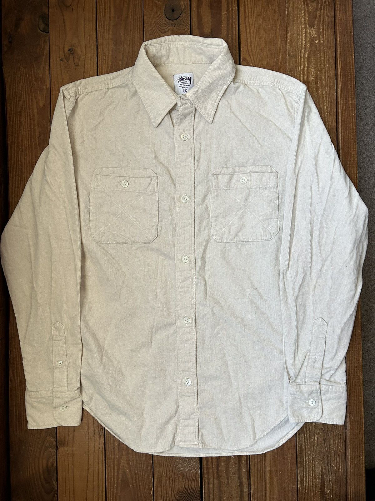 image of Stussy White Corduroy Button Shirt, Men's (Size Large)