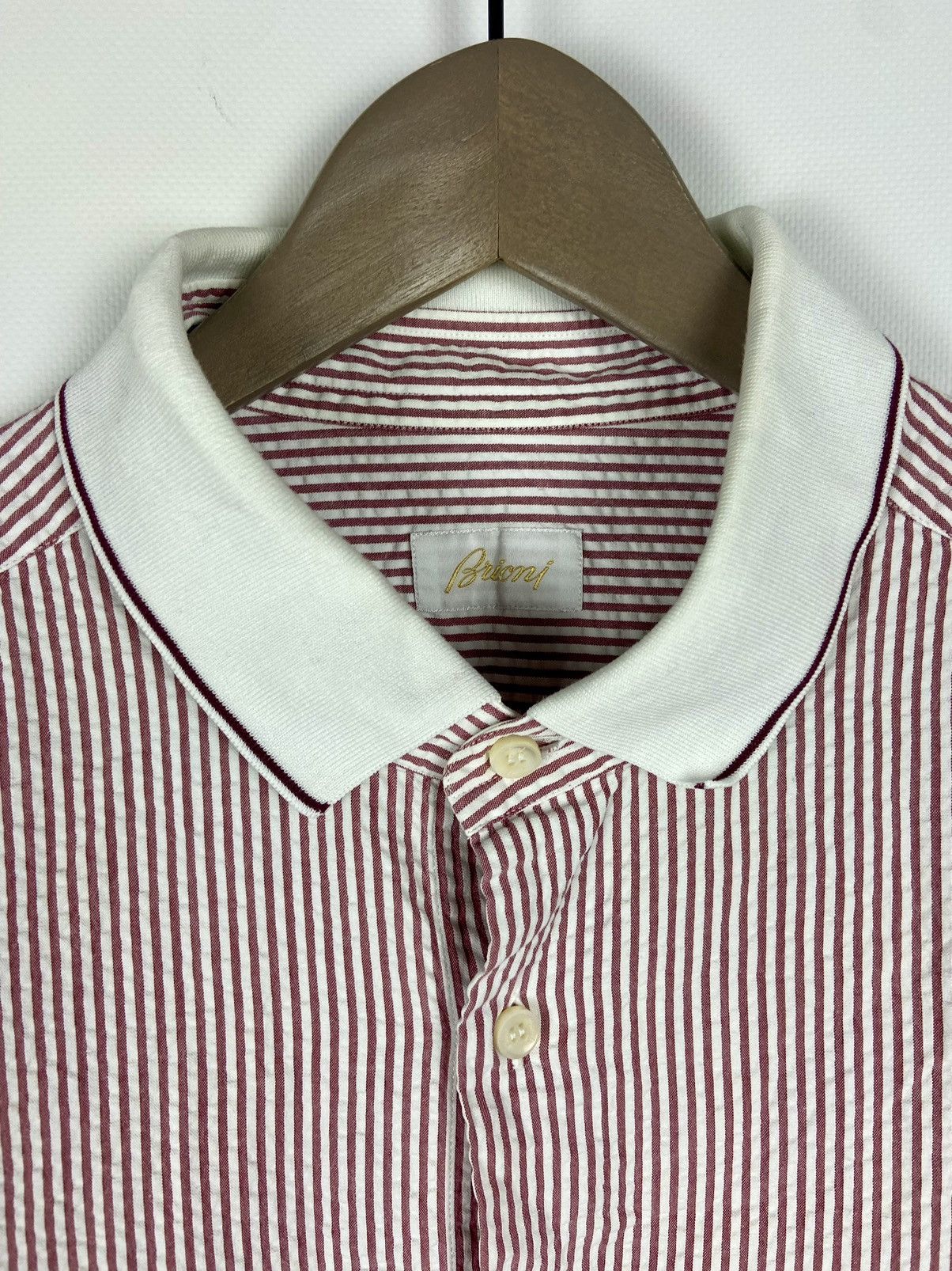 Brioni × Designer Brioni Striped Mens Shirt White Pink Short Sleeve Luxury Size US XL / EU 56 / 4 - 3 Thumbnail