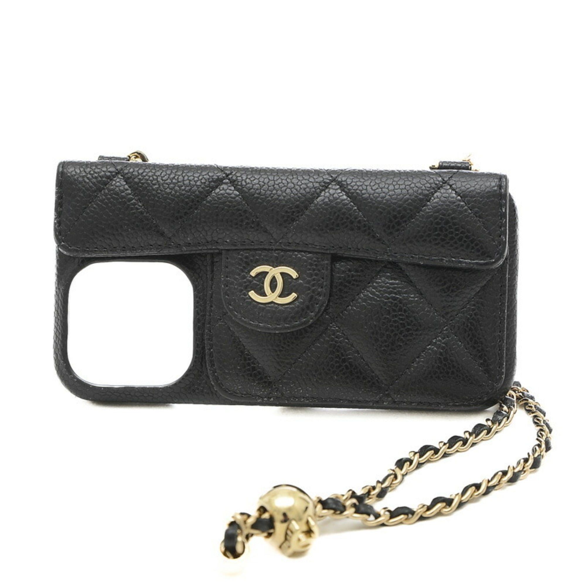 image of Chanel Matelasse Iphone Case 13Pro Smartphone Shoulder Caviar Black Ap2689, Women's