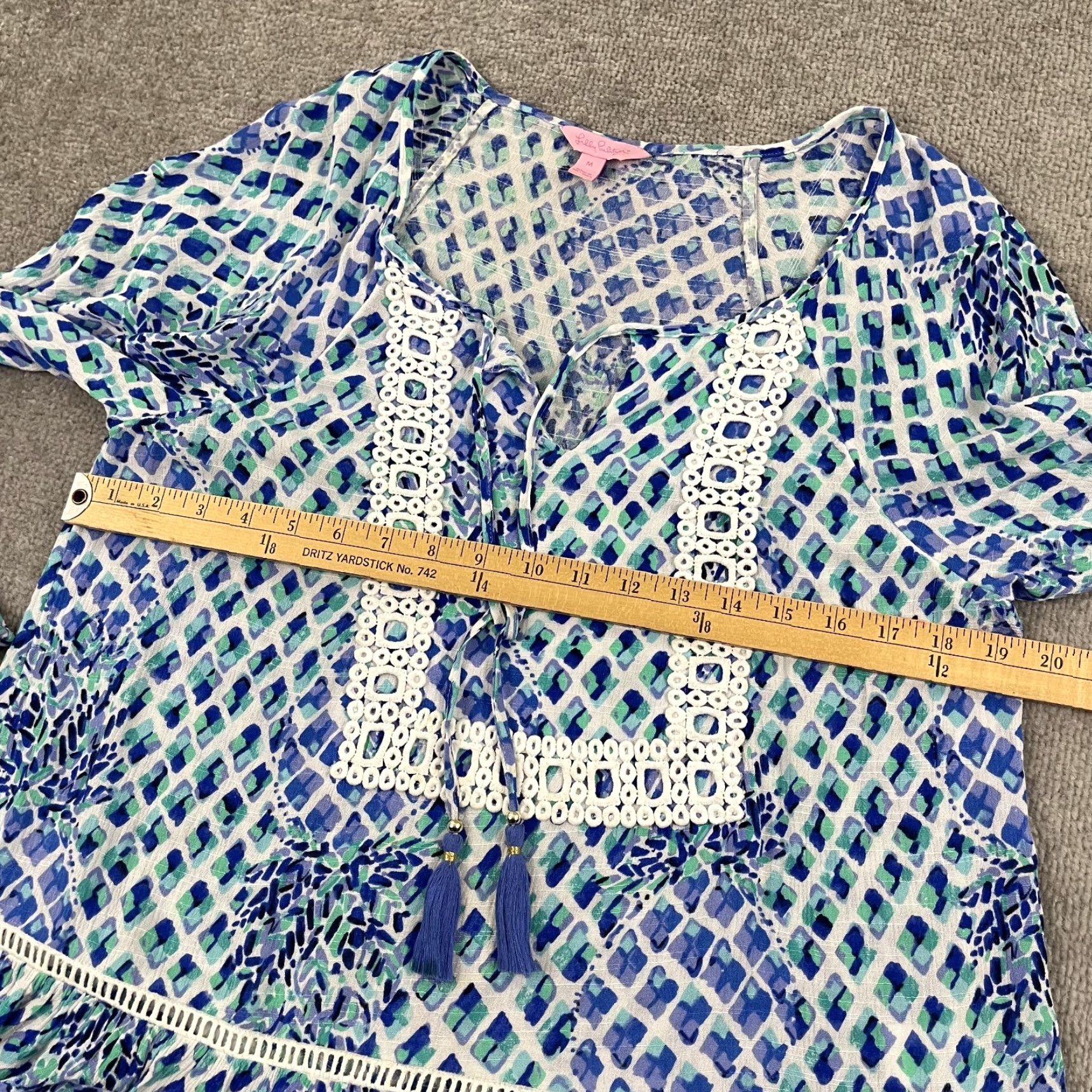 Lilly Pulitzer Lilly Pulitzer Blouse Women Medium Blue Geometric Tassel Bell Sleeve Casual Boho Size M / US 6-8 / IT 42-44 - 5 Thumbnail