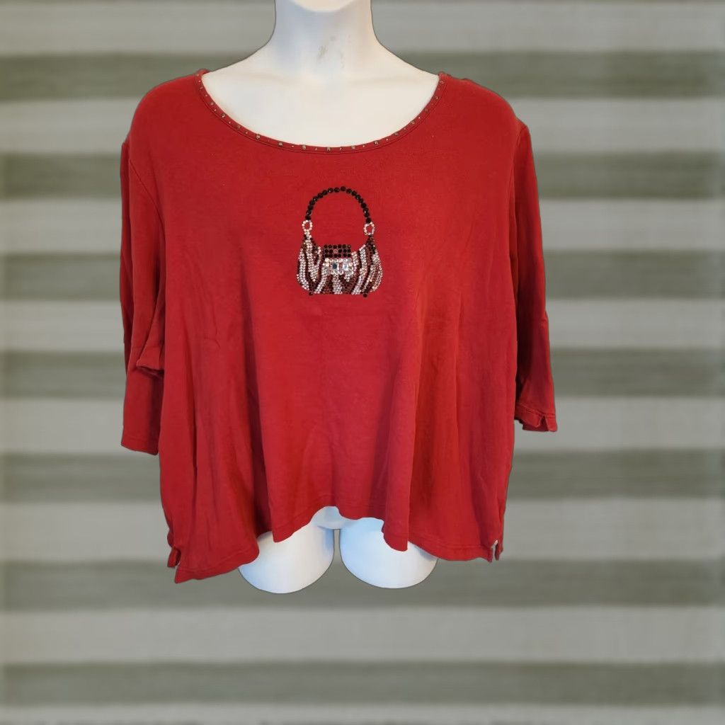Quacker Factory VINTAGE Quacker Factory Red Rhinestone Purse Design 3/4 Sleeve Casual Top Shirt 3X Plus Size XXL / US 16-18 / IT 52-54 - 1 Thumbnail