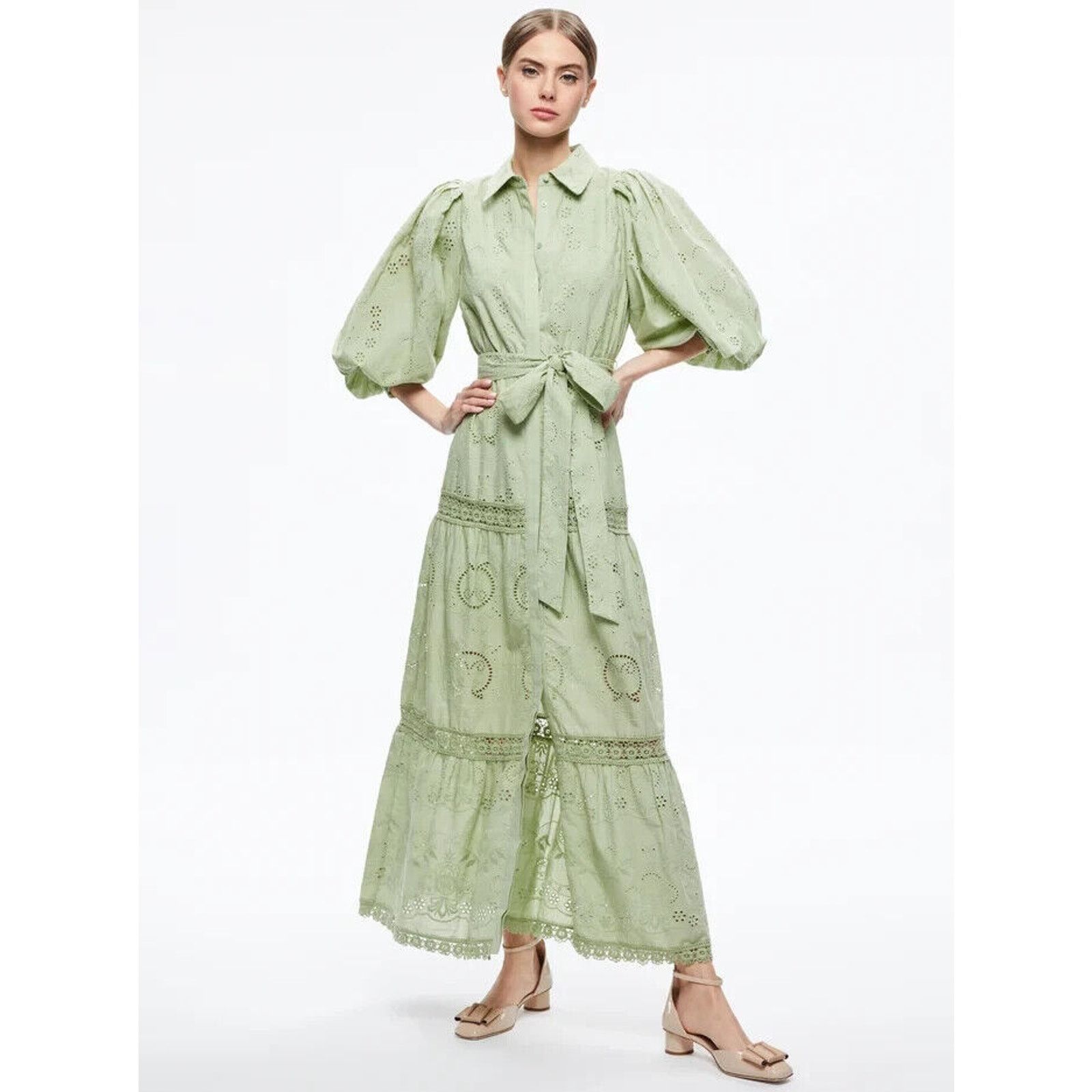 Alice + Olivia ALICE + OLIVIA LILLY EYELET COTTON DRESS BELTED GREEN SZ 2 Size XS / US 0-2 / IT 36-38 - 2 Thumbnail