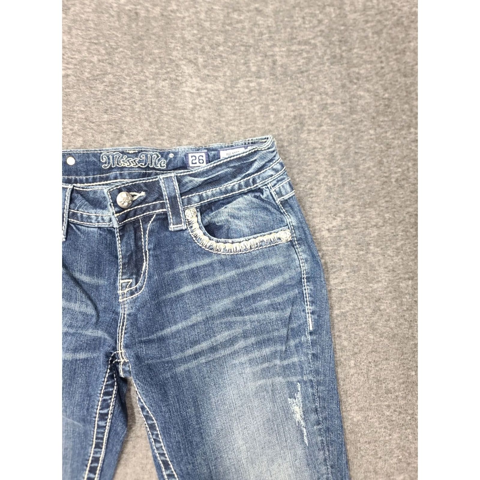 Miss Me Miss Me Jeans Relaxed Bootcut 26x33 Denim Blue Heavy Stitch 5-Pocket Embroidered Rhinestone Womens Jeans Size 26" / US 2 / IT 38 - 7 Thumbnail