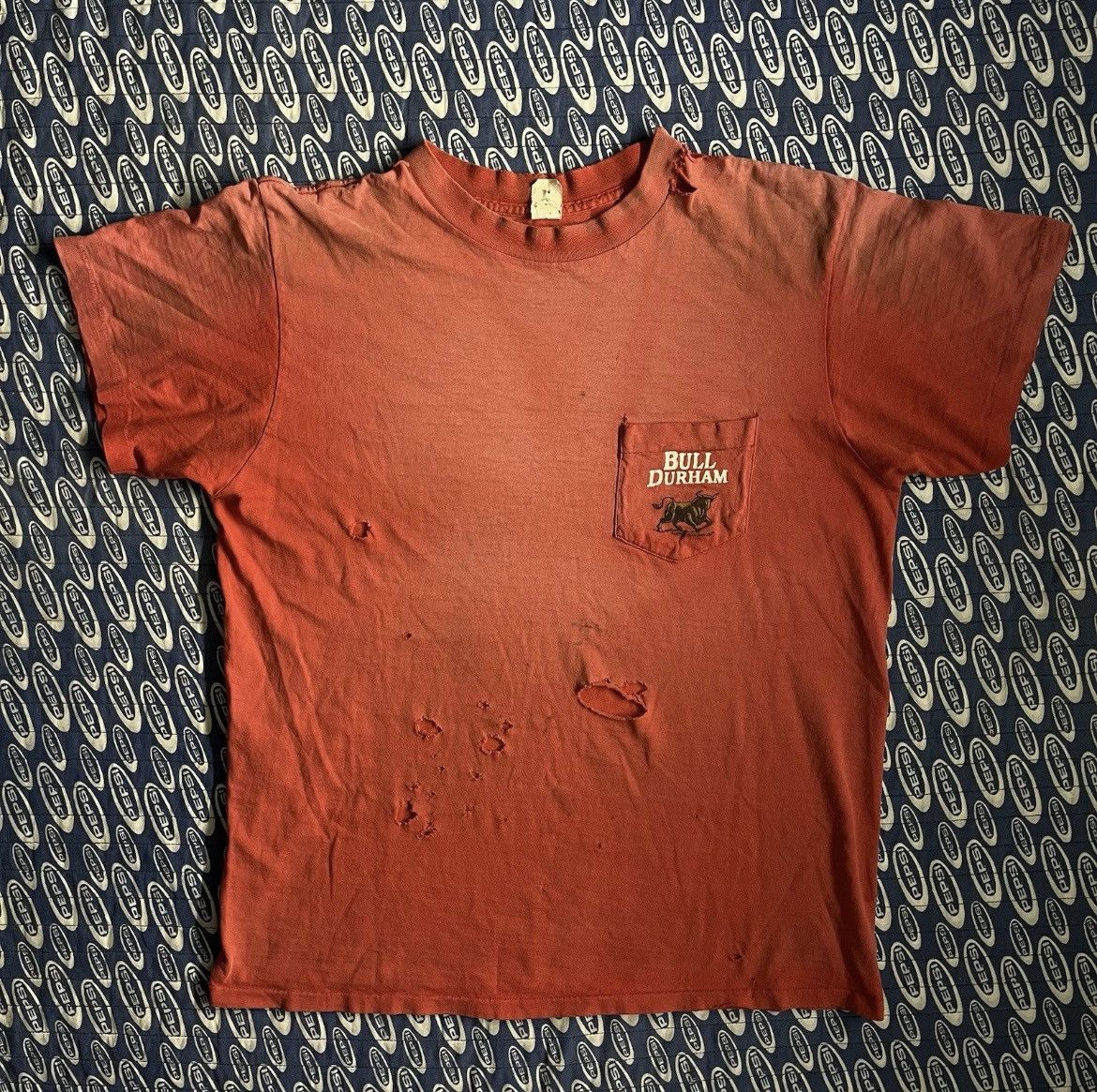Vtg 90s Bull Durham Cigarette Faded Pocket Shirt Salmon Red