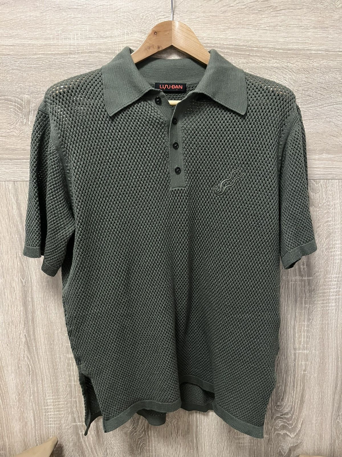 LUU DAN ARMY GREEN NET KNIT POLO SHIRT