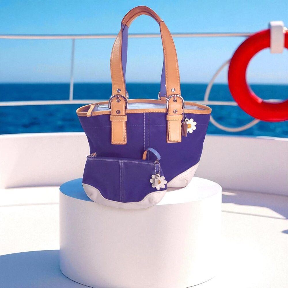 Vintage COACH Soho Twill Tote Navy/marine vachetta leather