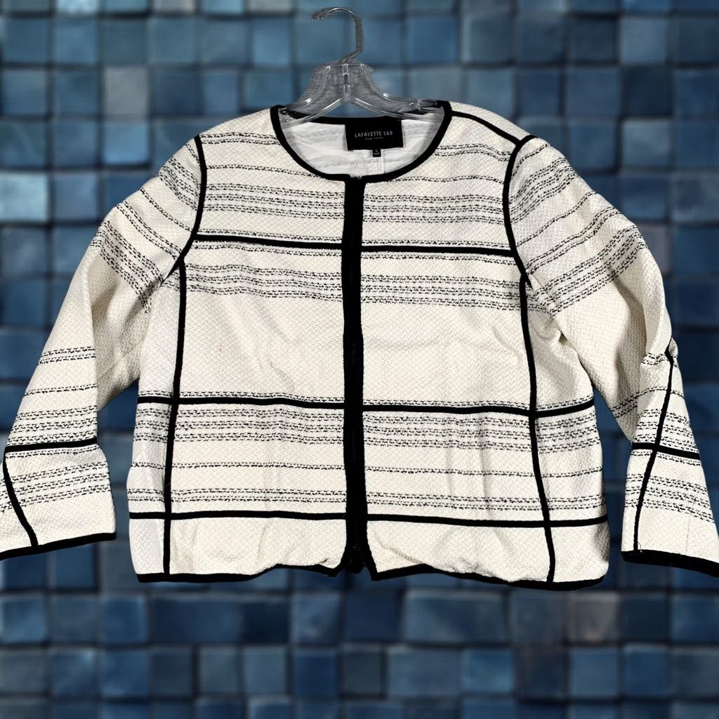 Vintage Lafayette 148 New York Jacket Womens Large White Stripe Tweed Collarless Zip Size L / US 10 / IT 46 - 1 Thumbnail