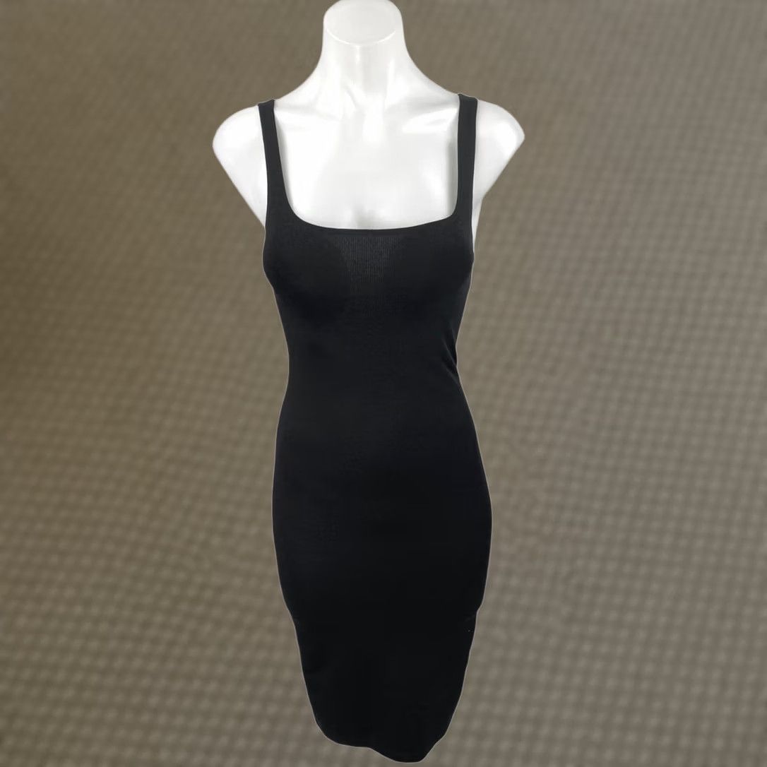 Zara Zara Bodycon Midi Dress Womens S Black Sleeveless Square Neck Stretch Back Slit Tank Knit