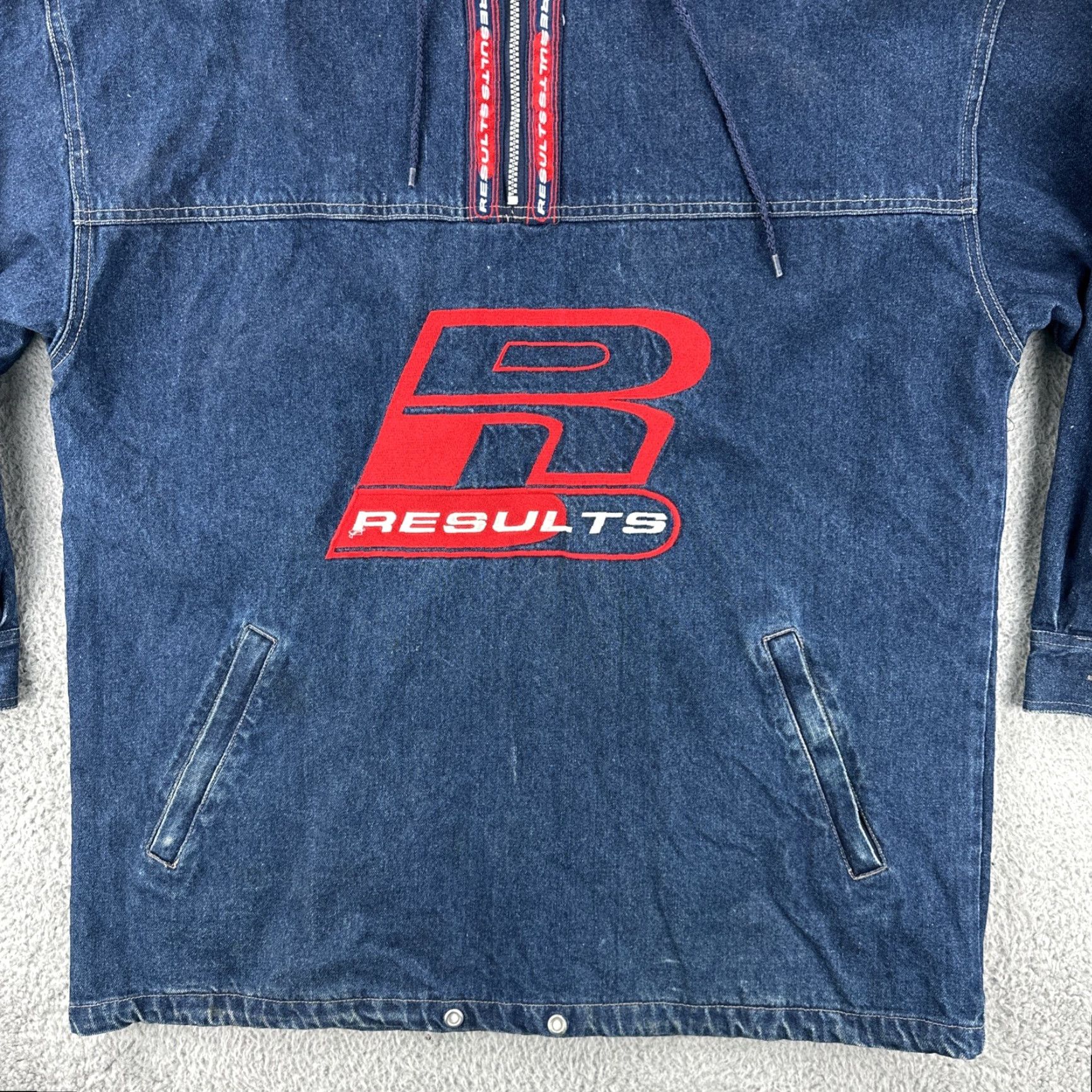Vintage VINTAGE Results Jeans XL Embroidered Blue Denim Hooded 1/4 Zip Anorak Jacket 90s Mens Size US 36 / EU 52 - 4 Thumbnail