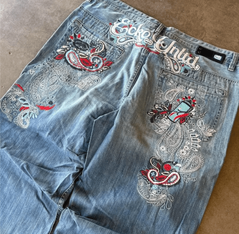 Japanese Brand Geometric Embroidery Baggy Jeans Size US 30 / EU 46 - 2 Thumbnail