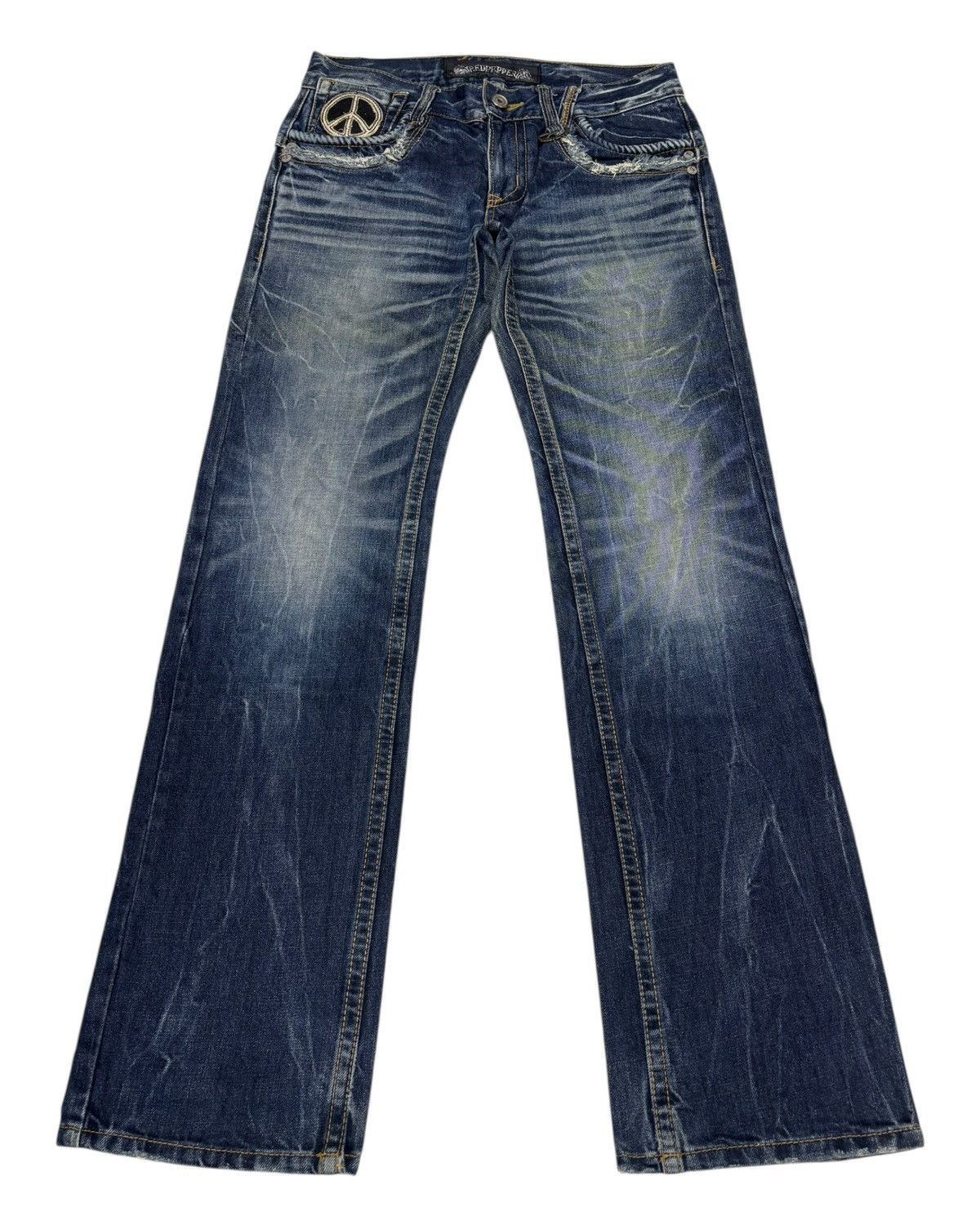 Tornado Mart 🔥RED PEPPER ☮️ EMBROIDERY FLARED JEANS DISTRESSED DENIM Size US 33 - 2 Thumbnail