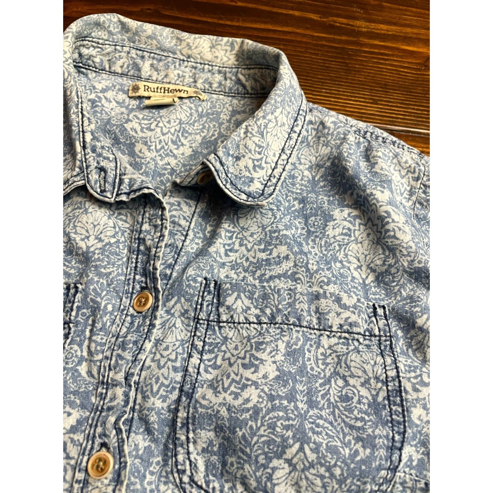 Vintage Ruff Hewn Shirt Women's S Blue Damask Chambray Button Up Pockets Long Sleeve Size S / US 4 / IT 40 - 3 Thumbnail