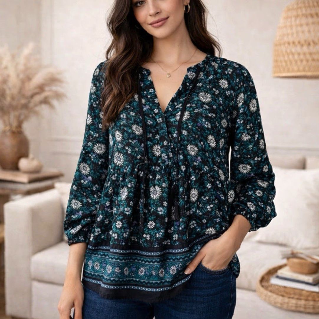 Old Navy Old Navy Blouse Shirt Womens S Dark Teal Floral Peasant Boho Puff Sleeve V-Neck Size S / US 4 / IT 40 - 2 Thumbnail