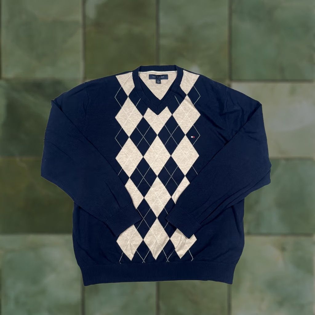 Tommy Hilfiger Tommy Hilfiger Sweater Mens XL Navy Blue Argyle V-Neck Cotton Knit Pullover Size US XL / EU 56 / 4 - 1 Thumbnail
