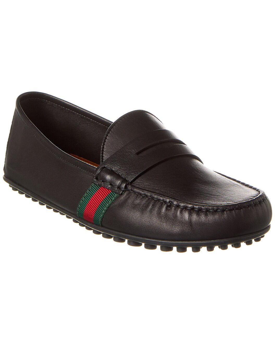 image of Gucci Web Leather Men Loafers In Black Size 15