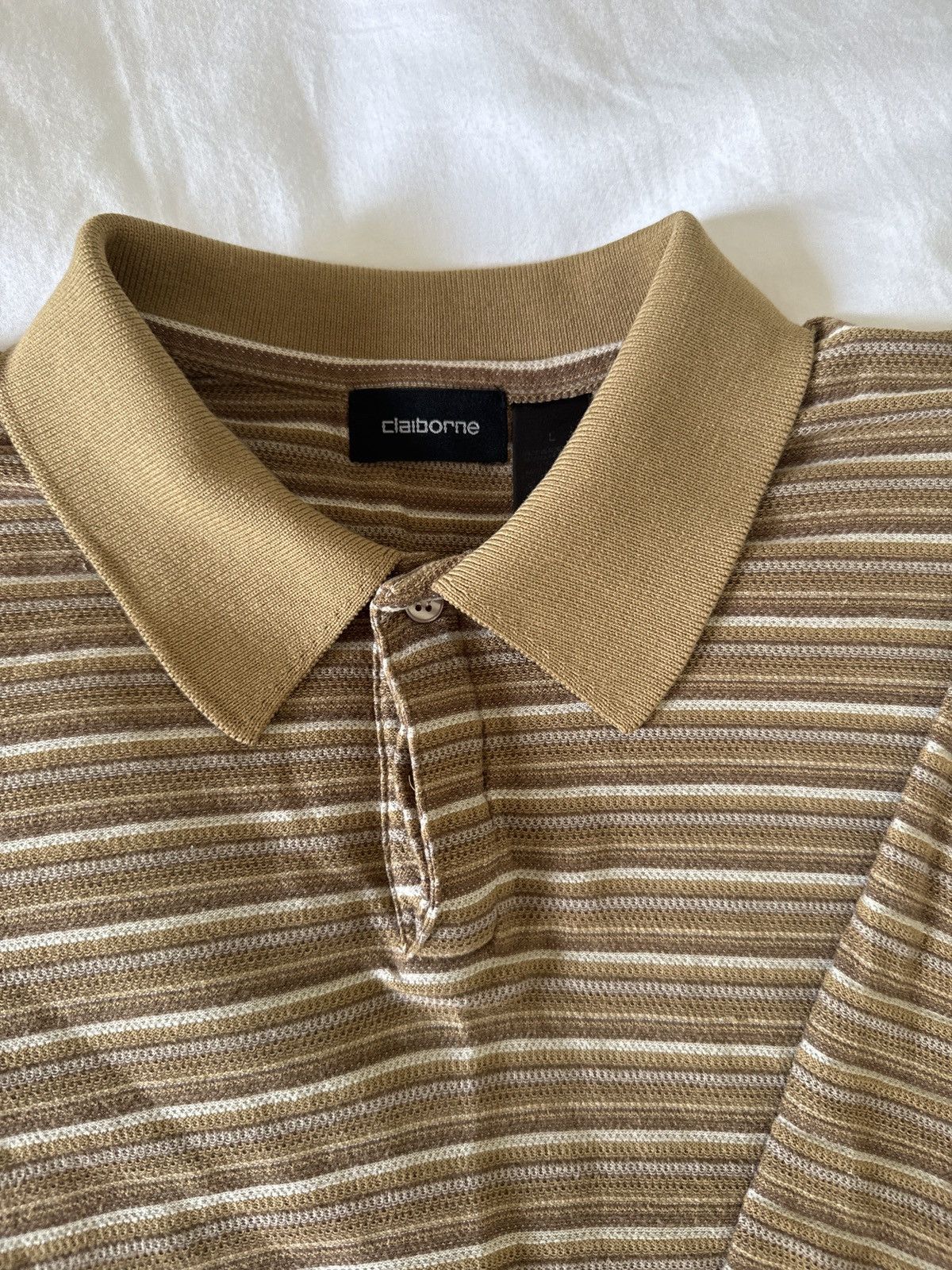 Liz Claiborne Claiborne mens polo. Brown and white striped Size US L / EU 52-54 / 3 - 1 Thumbnail