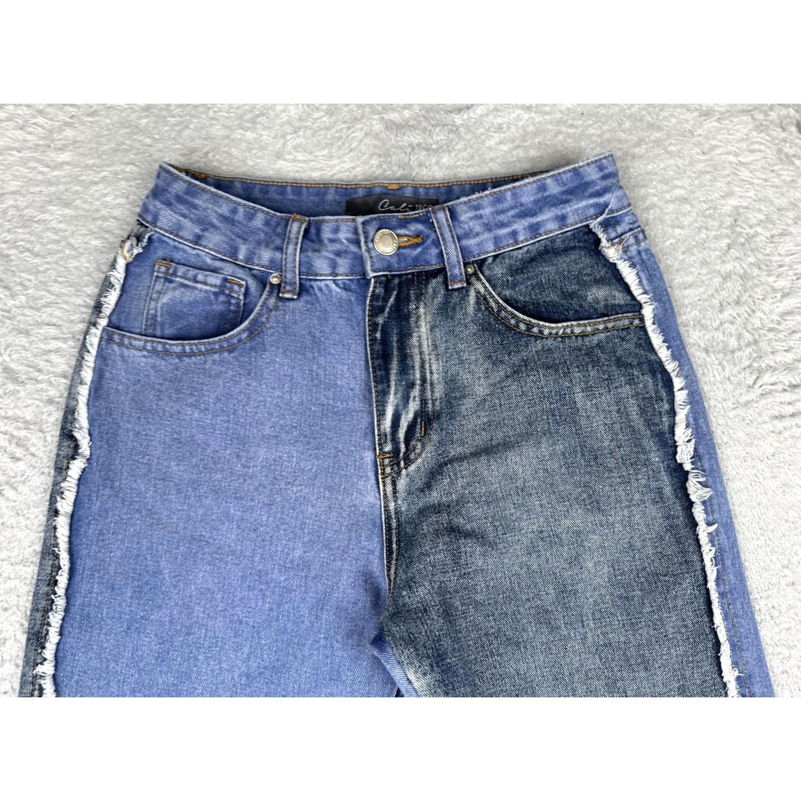 Vintage Cali 1850 Jeans Straight Two Tone High Rise Juniors 1/25 24x28 Blue Med Wash Denim Stretch Pocket Zipper Button Size 25" / US 0 / IT 36 - 4 Thumbnail