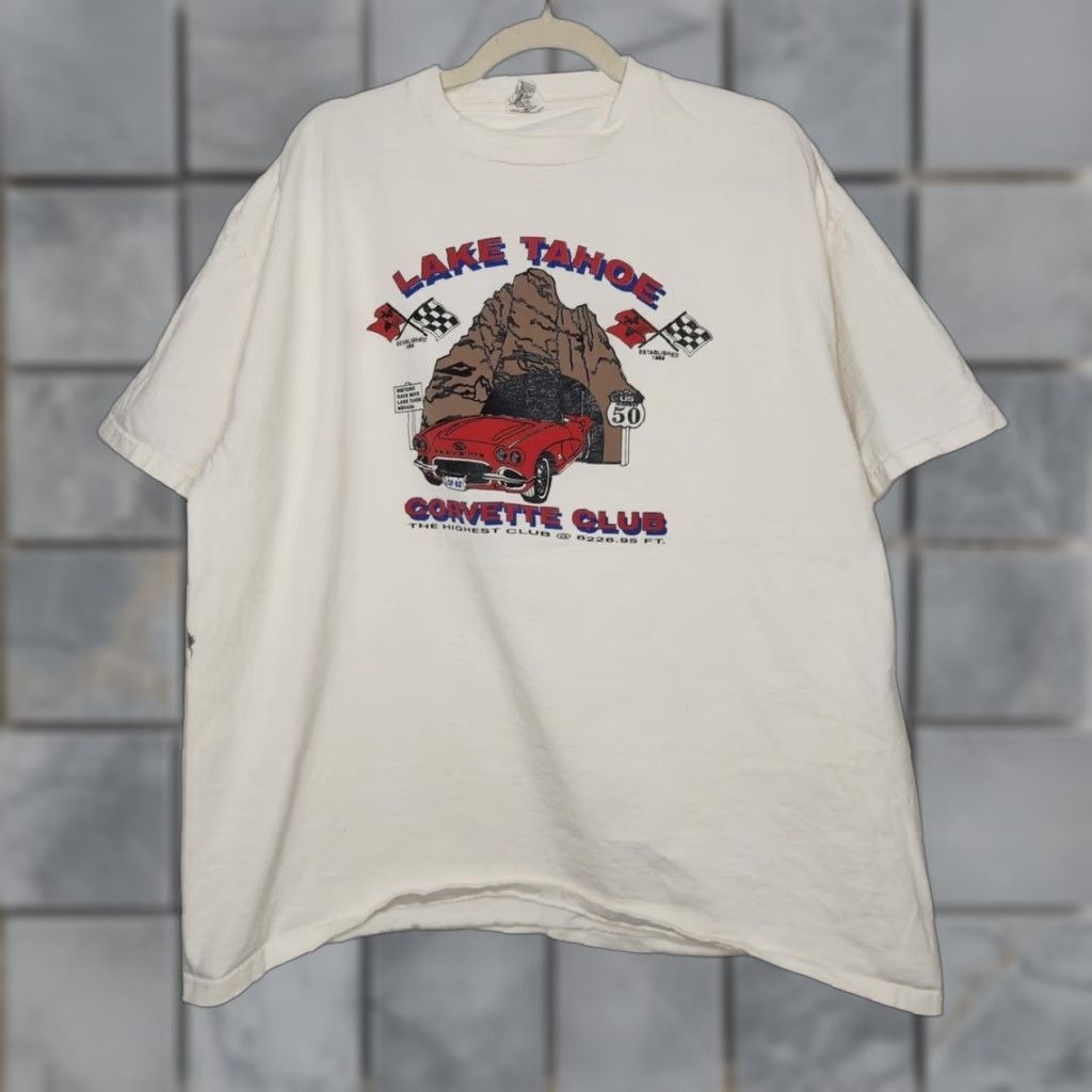 Vintage VINTAGE Oneita Corvette Lake Tahoe Club Double Sided Car Art Shirt XXL White Unisex Adults Men Women Shirts Art 90s 2000s Size US XXL / EU 58 / 5 - 1 Thumbnail