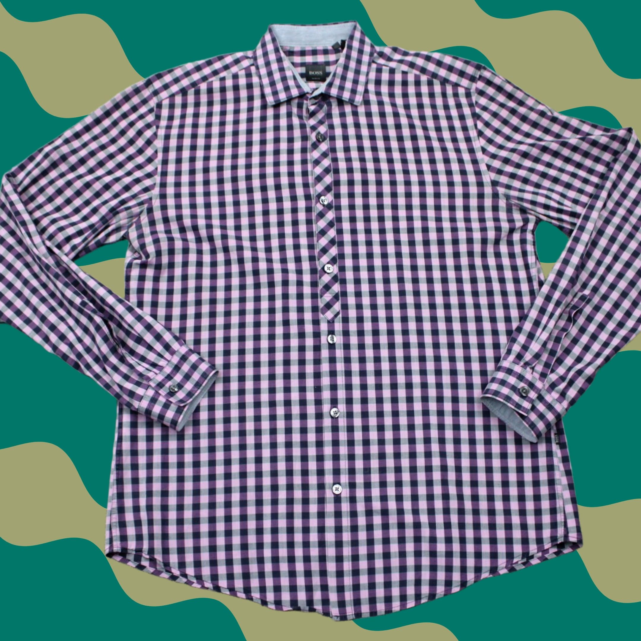 Hugo Boss HUGO BOSS Button-Up Shirt Mens L Pink/Purple/Black 100% Cotton L/S Check Casual Business 100% Cotton L/S Button Up Size US L / EU 52-54 / 3 - 1 Thumbnail