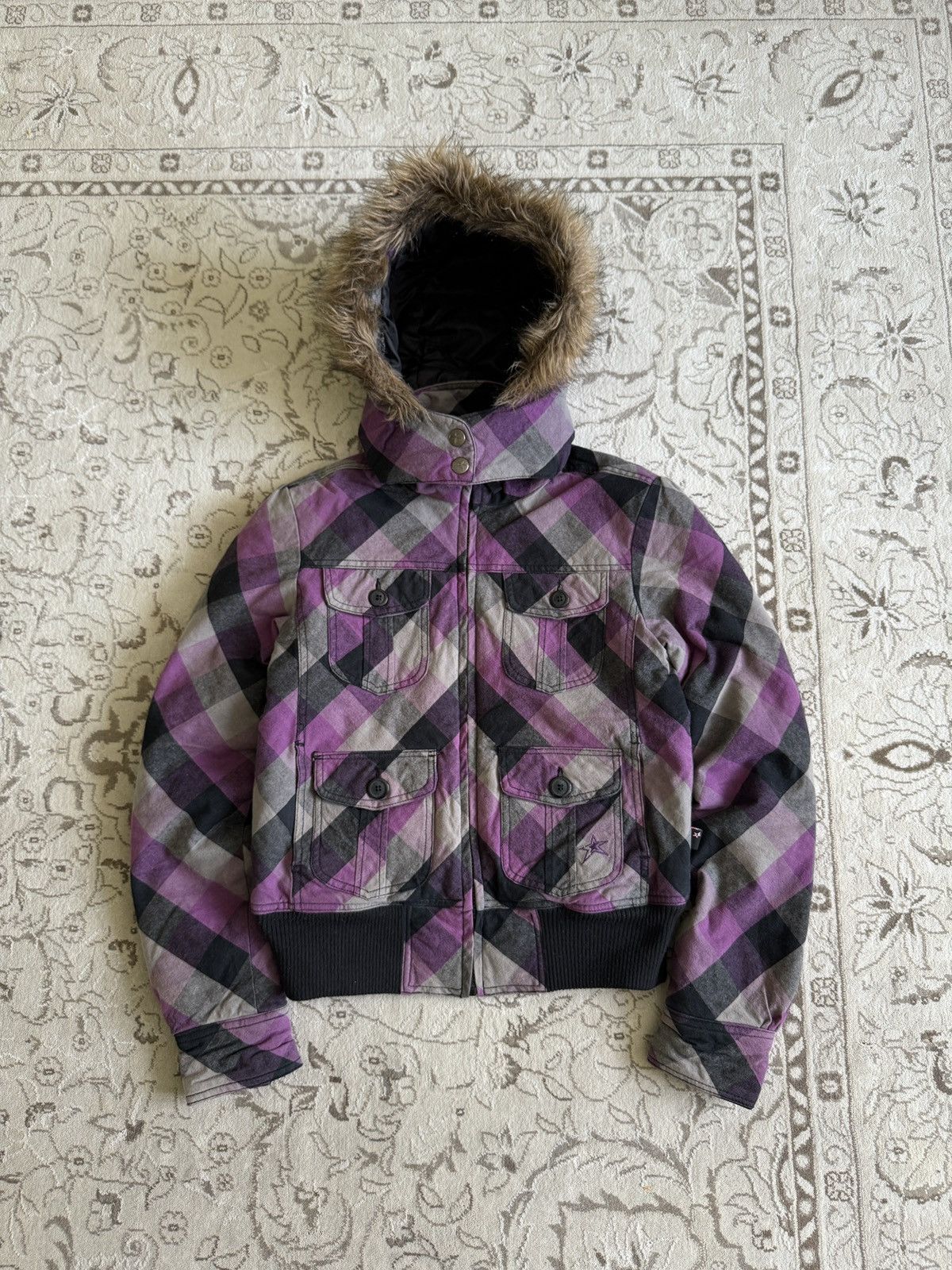 Hysteric Glamour Vintage Fur Hood Plaid Canvas Crop Jacket Punk Goth Emo Y2K Size S / US 4 / IT 40 - 1 Thumbnail