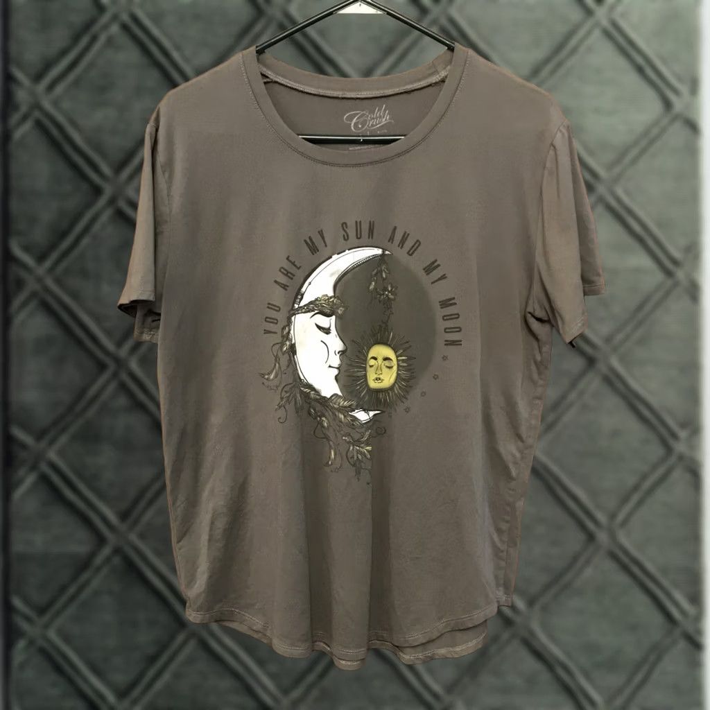 Vintage GOLD RUSH Women's T-Shirt Gray Moon Sun Graphic Short Sleeve Regular Fit Large L Casual Tee Size L / US 10 / IT 46 - 1 Thumbnail