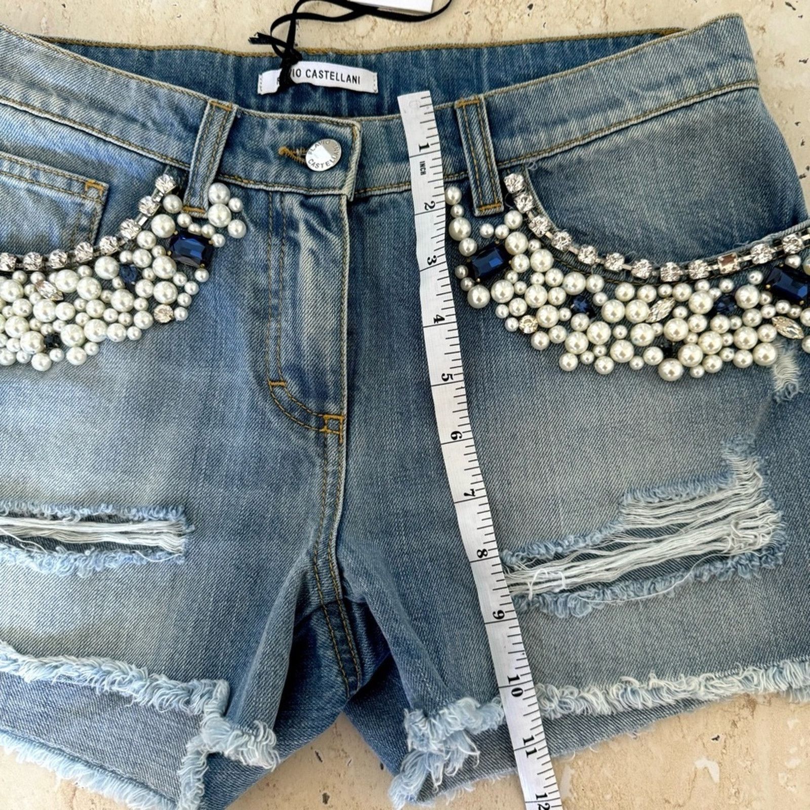 Other New! Flavio Castellani Jeans Shorts, Size 40 Crystals/Pearls Size 27" / US 4 / IT 40 - 8 Thumbnail