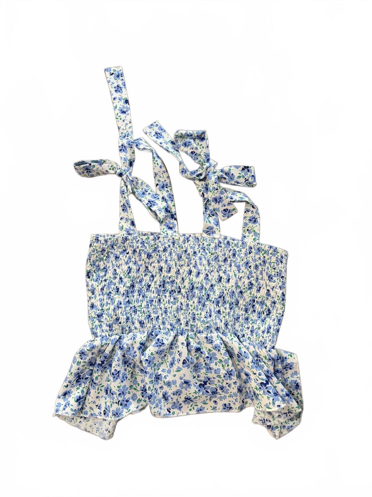 Shein SHEIN Floral Blue & White Sleeveless Smocked Top Tie Strap S Size ONE SIZE - 4 Thumbnail