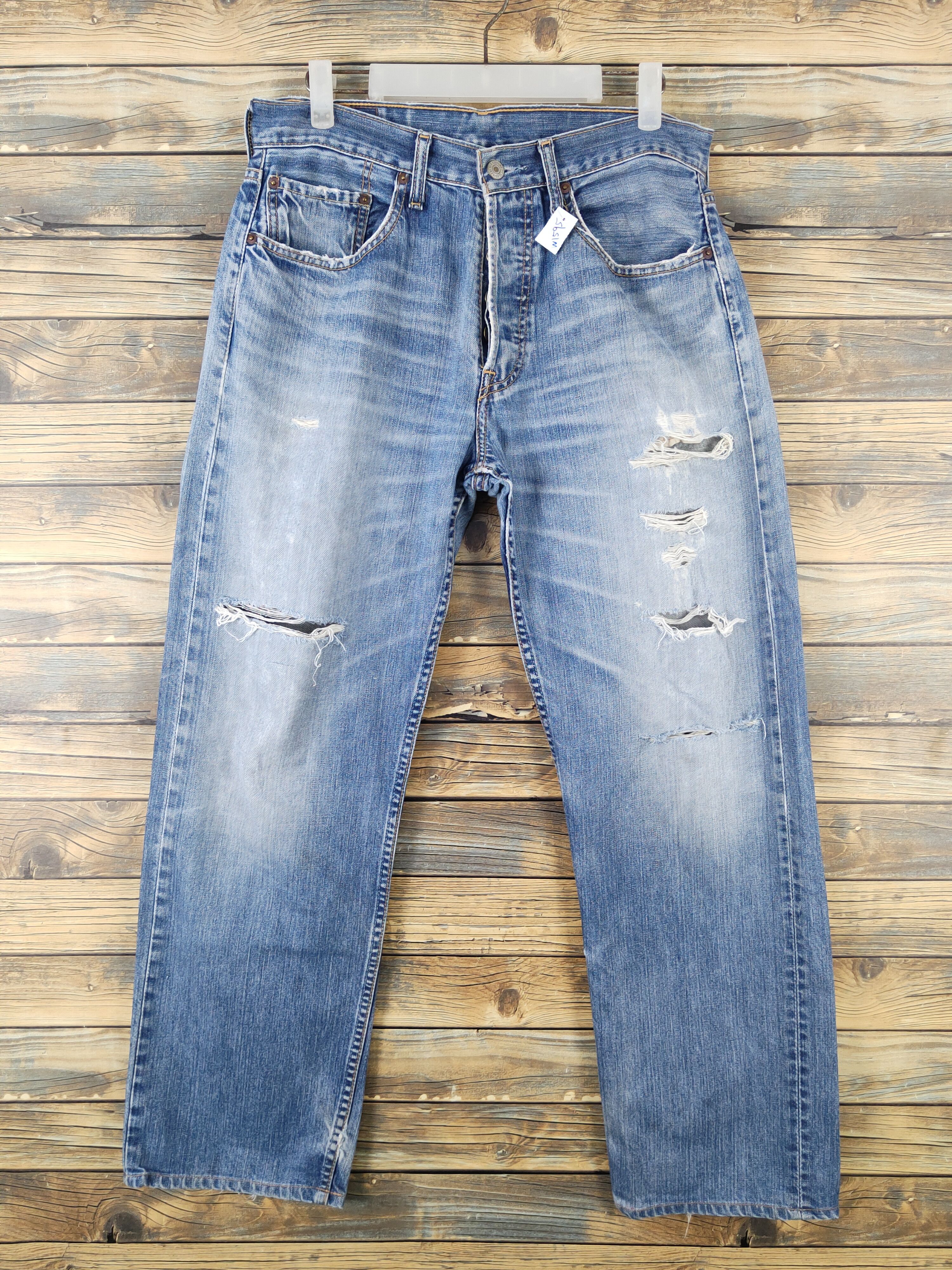 Levi's 501 Levis Blue Distressed Ripped denim Jeans #W1595 Size US 32 / EU 48 - 1 Thumbnail