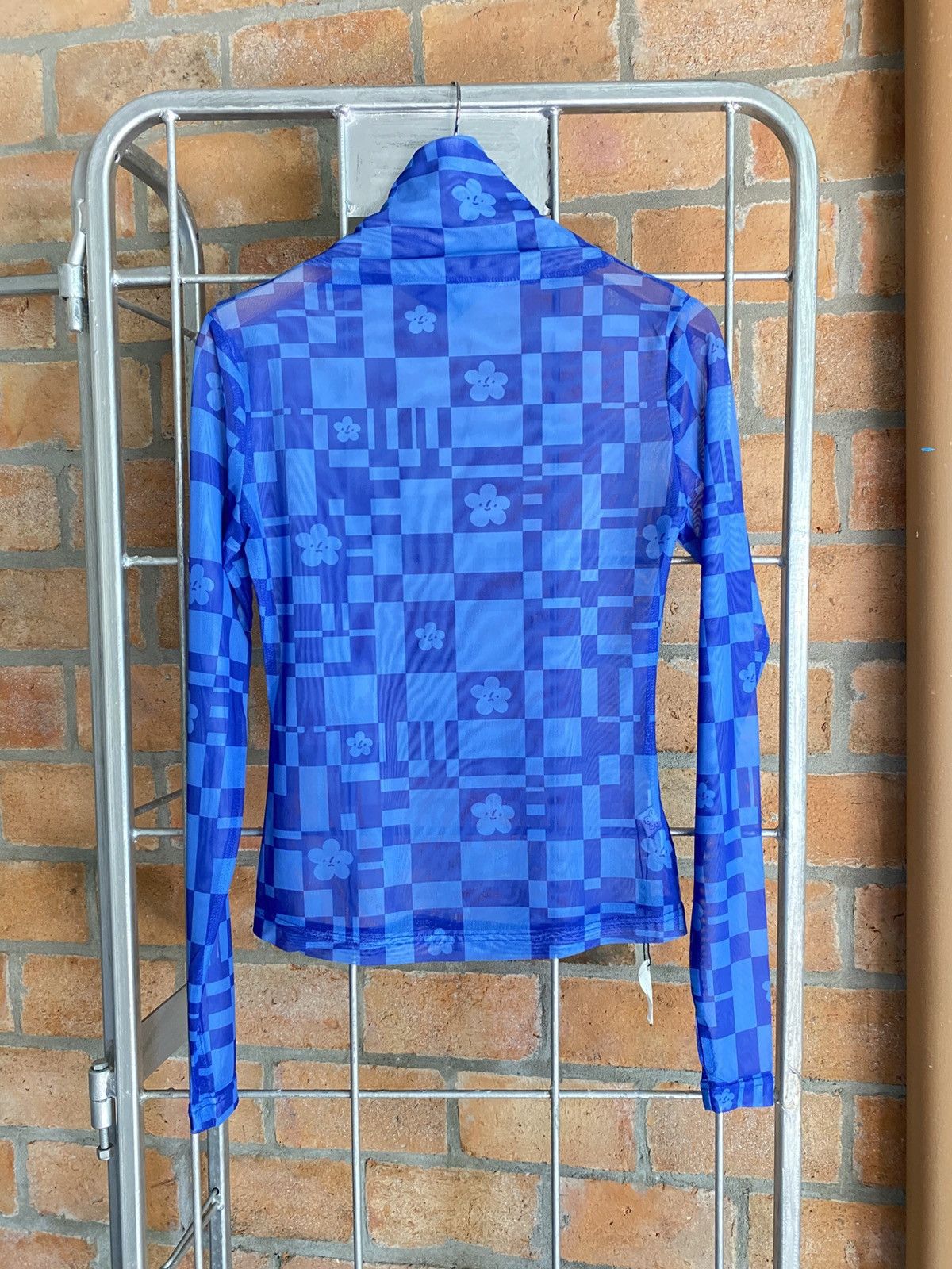 Japanese Brand Blue Sheer Checkered Floral Turtleneck Top Size S / US 4 / IT 40 - 11 Thumbnail