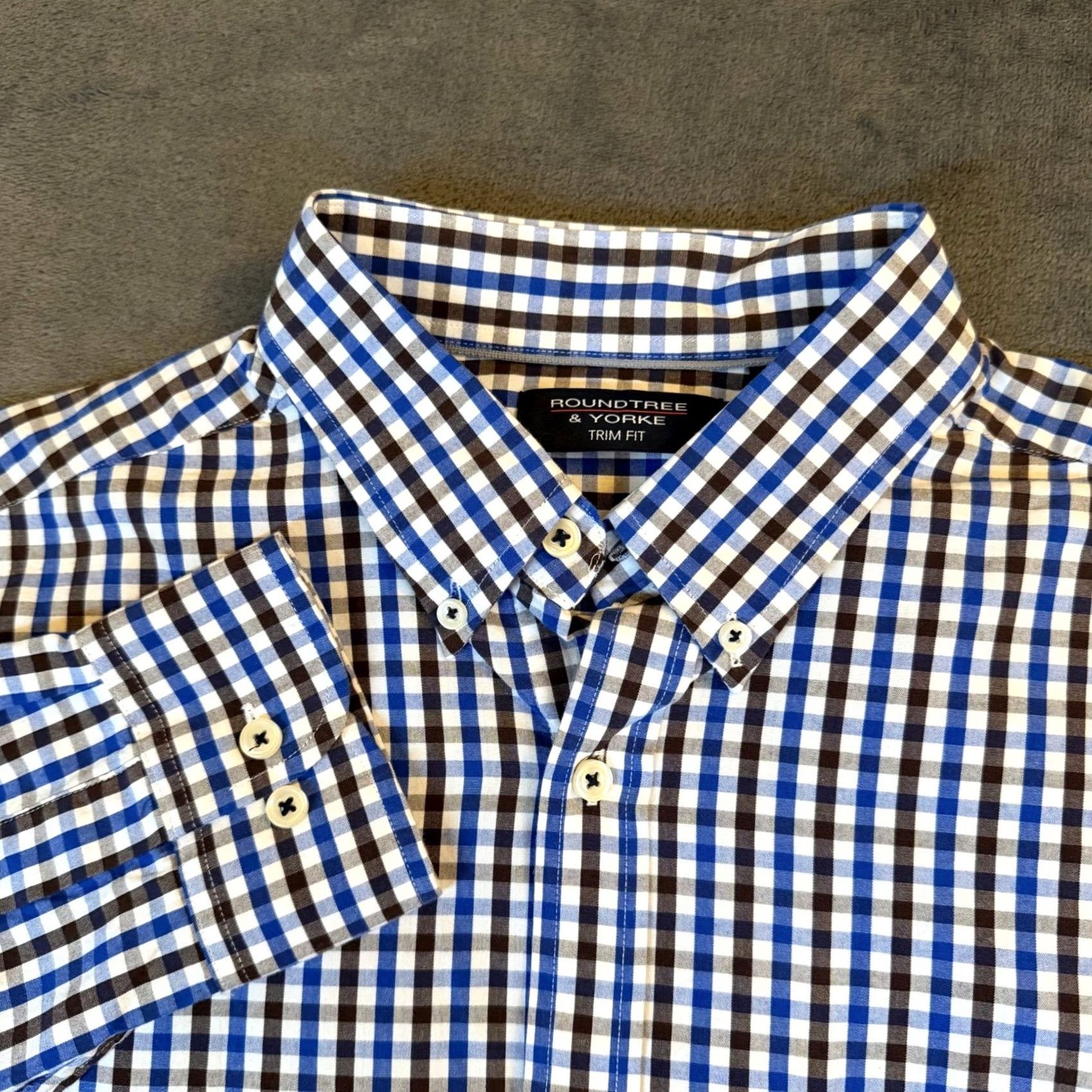 Roundtree & Yorke Roundtree & Yorke Button-Up Shirt Mens Large Blue Brown Check Cotton Slim Fit Button-Down Collar Chest Pocket Pockets Casual Workwear BTY Size US L / EU 52-54 / 3 - 4 Thumbnail