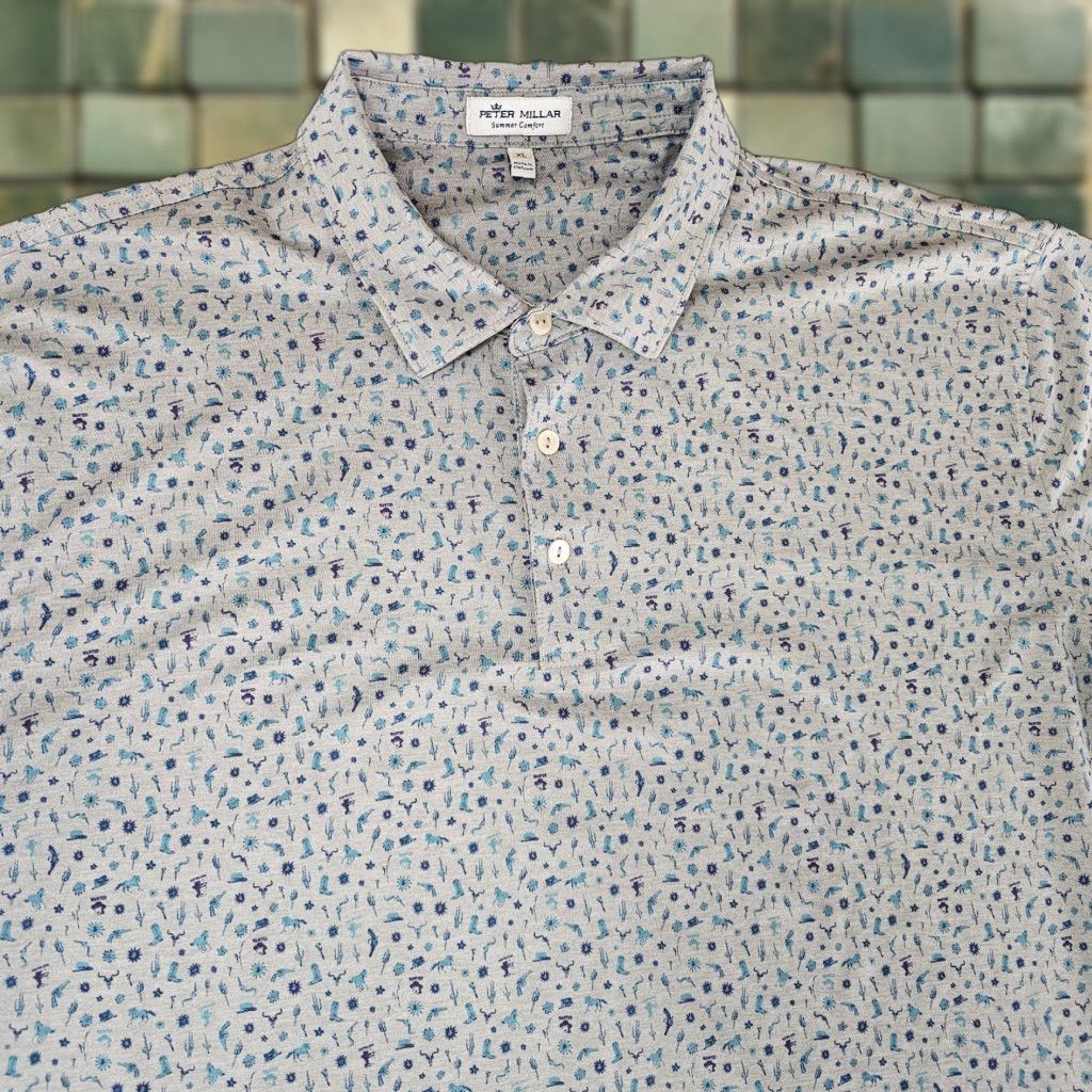 Peter Millar VINTAGE? No — Peter Millar Polo Summer Comfort Shirt Men XL Gray Graphic Print Western Cowboy Western Print Polo Casual Golf Shirt Mens XL Size US XL / EU 56 / 4 - 1 Thumbnail