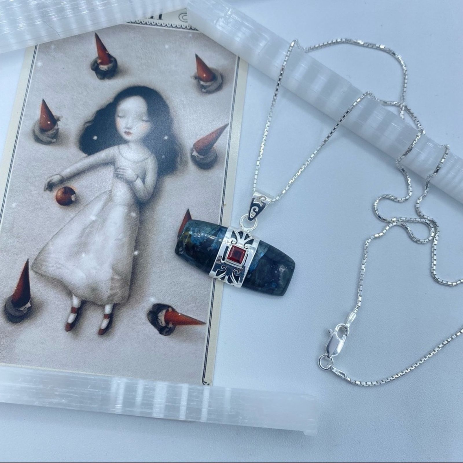The Unbranded Brand Larvikite Black Moonstone & Garnet Pendant Necklace Size ONE SIZE - 1 Thumbnail