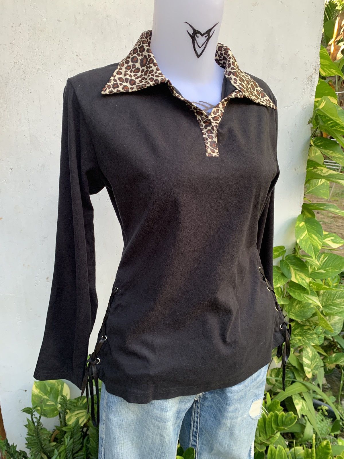 If Six Was Nine × Japanese Brand × Le Grande Bleu (L.G.B.) y2k Adupe Leopard Collar Lace Side Longsleeve Polo Top Size M / US 6-8 / IT 42-44 - 2 Thumbnail