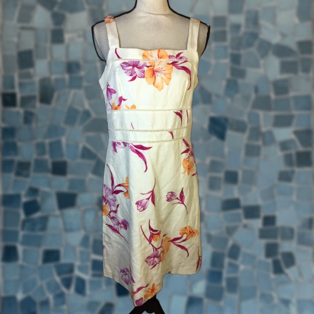 Ann Taylor A-Line Dress Size Women White Floral Linen Square
