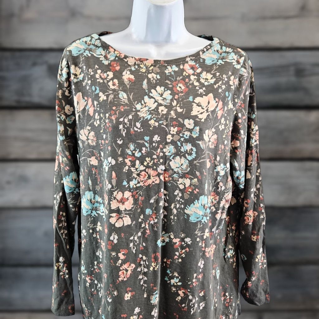 J. Jill Pure Jill Womens Floral Asymmetrical Tunic Sz Medium Gray Blue Organic Cotton Shirt Size M / US 6-8 / IT 42-44 - 1 Thumbnail