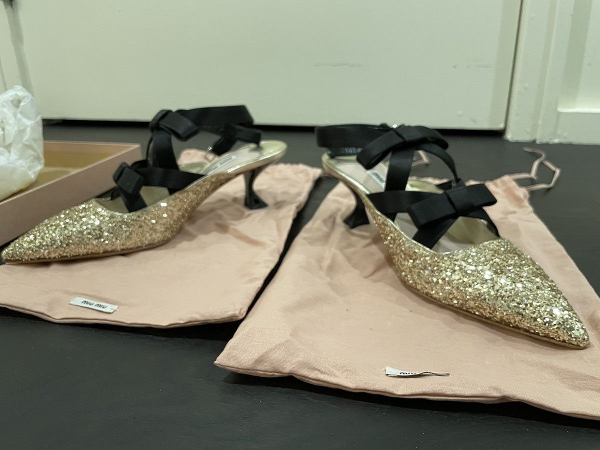 Miu Miu Miu Miu Glitter Slingback Heels with Satin Ribbons – Size 37 Size US 7 / IT 37 - 6 Thumbnail
