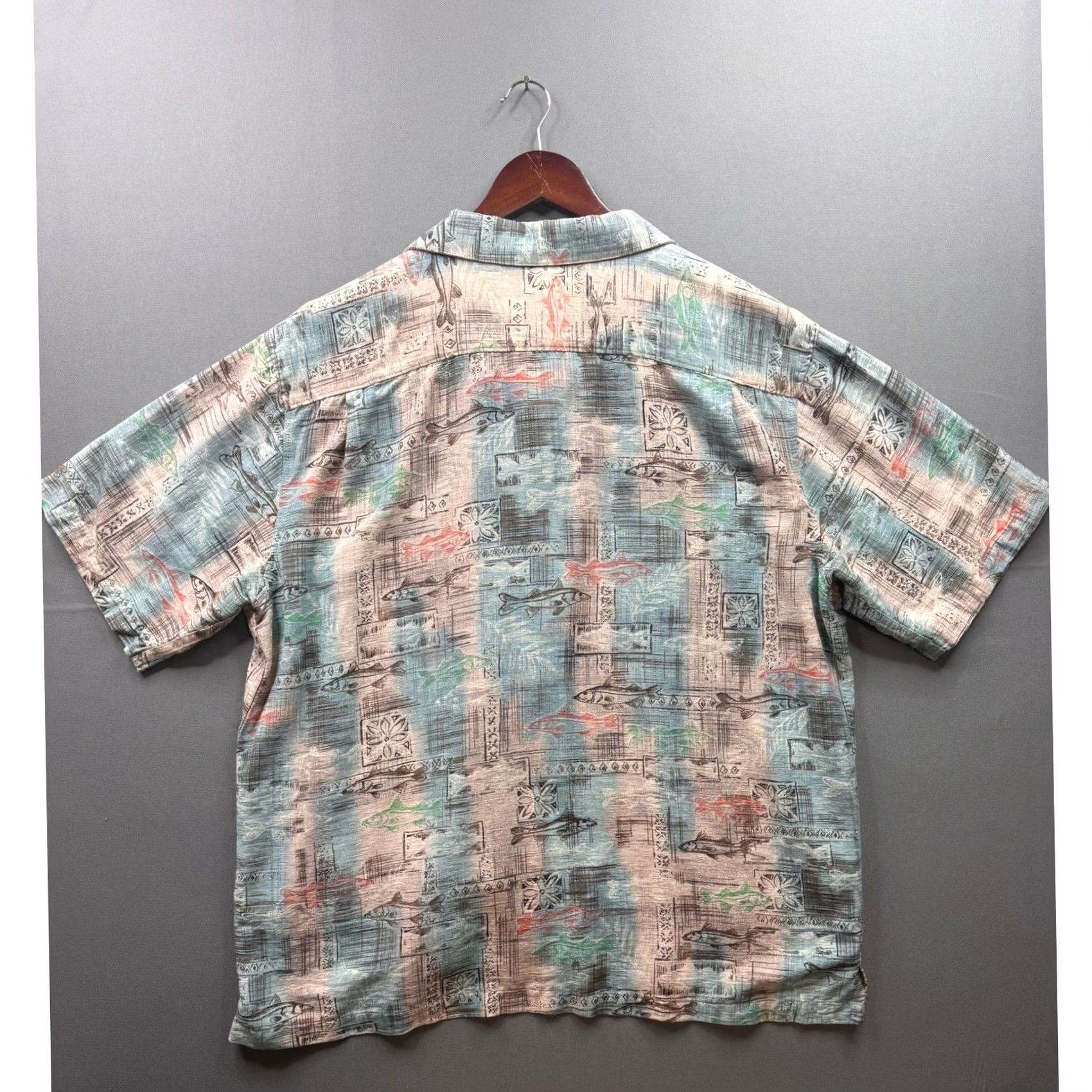 Vintage Batik Bay Shirt XXL Blue Tan 100% Silk Short Sleeve Fish Print Camp Mens Size US XXL / EU 58 / 5 - 6 Thumbnail