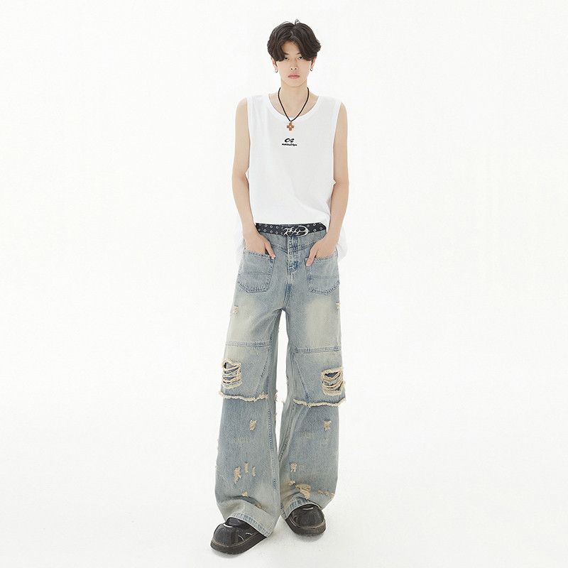 Japanese Brand × Vintage Vintage ripped jeans loose high waisted wide leg pants Size US 32 / EU 48 - 2 Thumbnail