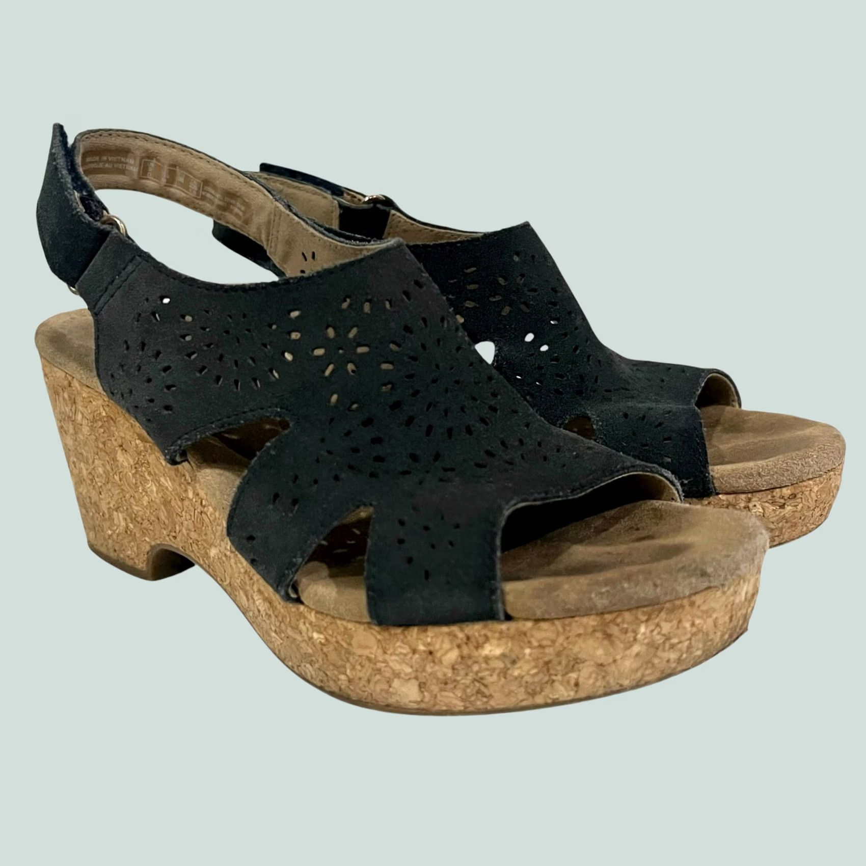 Clarks VINTAGE CLARKS Giselle Bay Sandals Women’s Slingsback Cork Wedge Black US 7.5 M Size US 8 / IT 38 - 1 Thumbnail