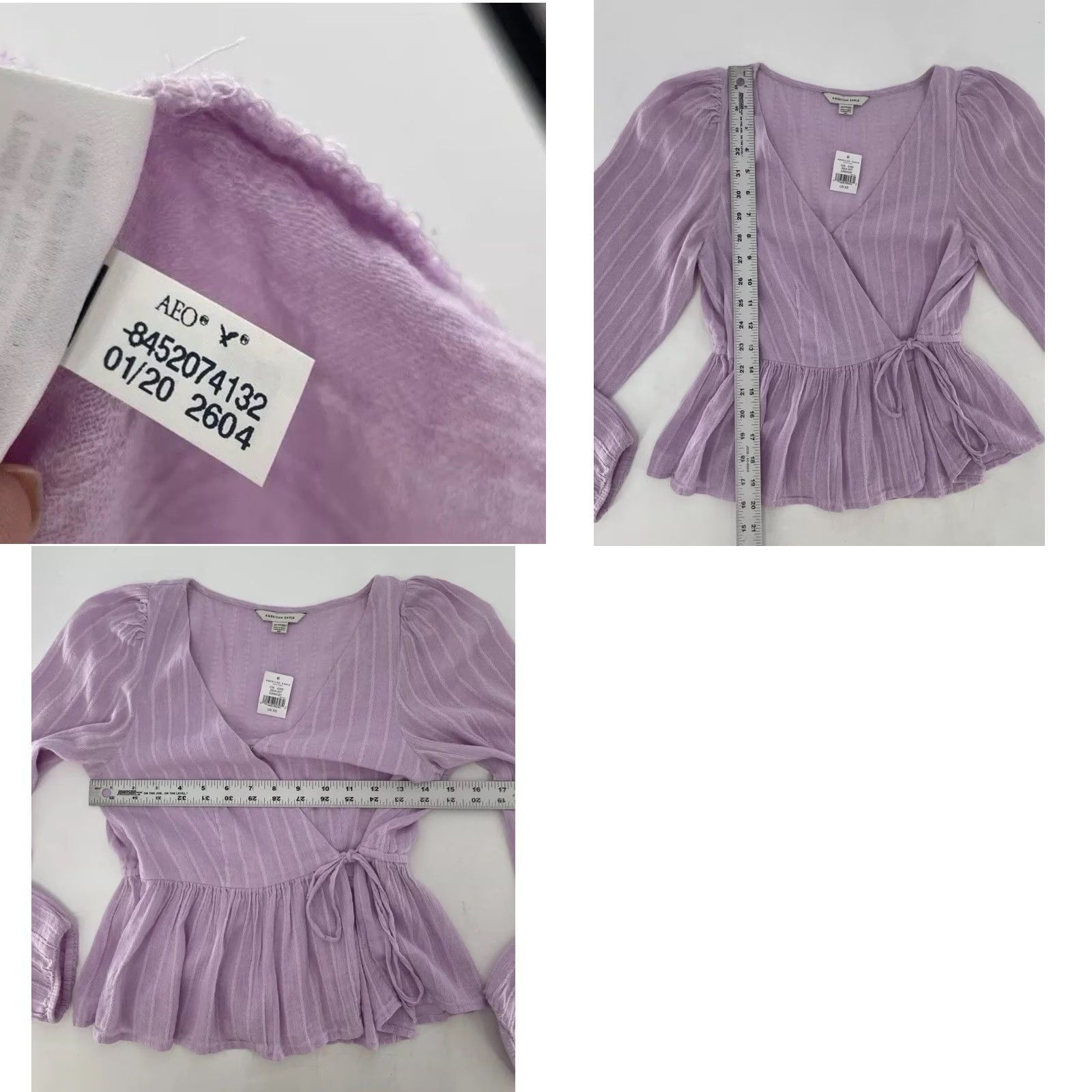 Vintage NWT American Eagle Cropped Lavender Puff Slv V-Neck Faux Wrap Boho Cottage Sz XS Blouse Shirt Womens Puff Sleeve Tie Front Solid Cotton Blend Viscose Size XS / US 0-2 / IT 36-38 - 8 Thumbnail