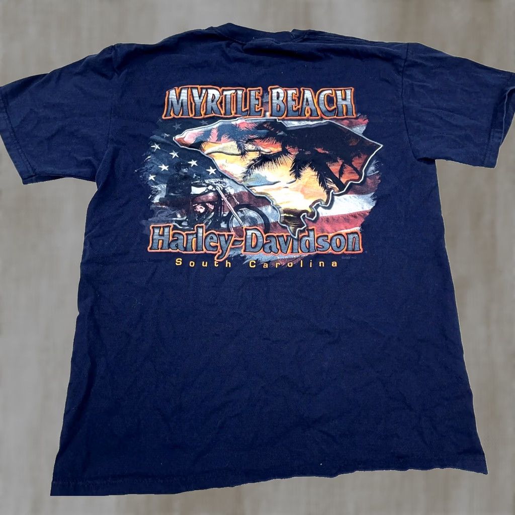 Harley Davidson Harley-Davidson Shirt Men Medium Blue Tee Biker Myrtle Beach American Flag Retro 80s USA Logo Graphic Print Short Sleeve Crew Neck Vintage: No Size US M / EU 48-50 / 2 - 1 Thumbnail
