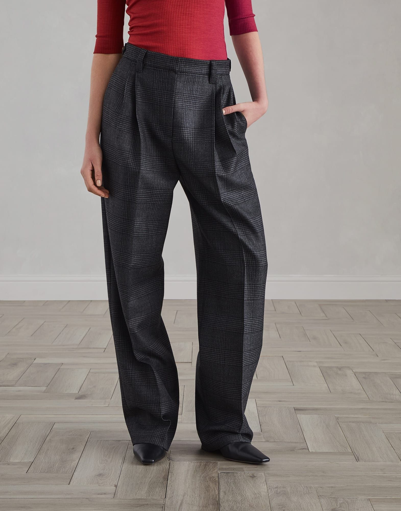 Brunello Cucinelli o1la1rc1a0326 Prince of Wales Relaxed Tailored Trousers Grey Size 26" / US 2 / IT 38 - 1 Thumbnail