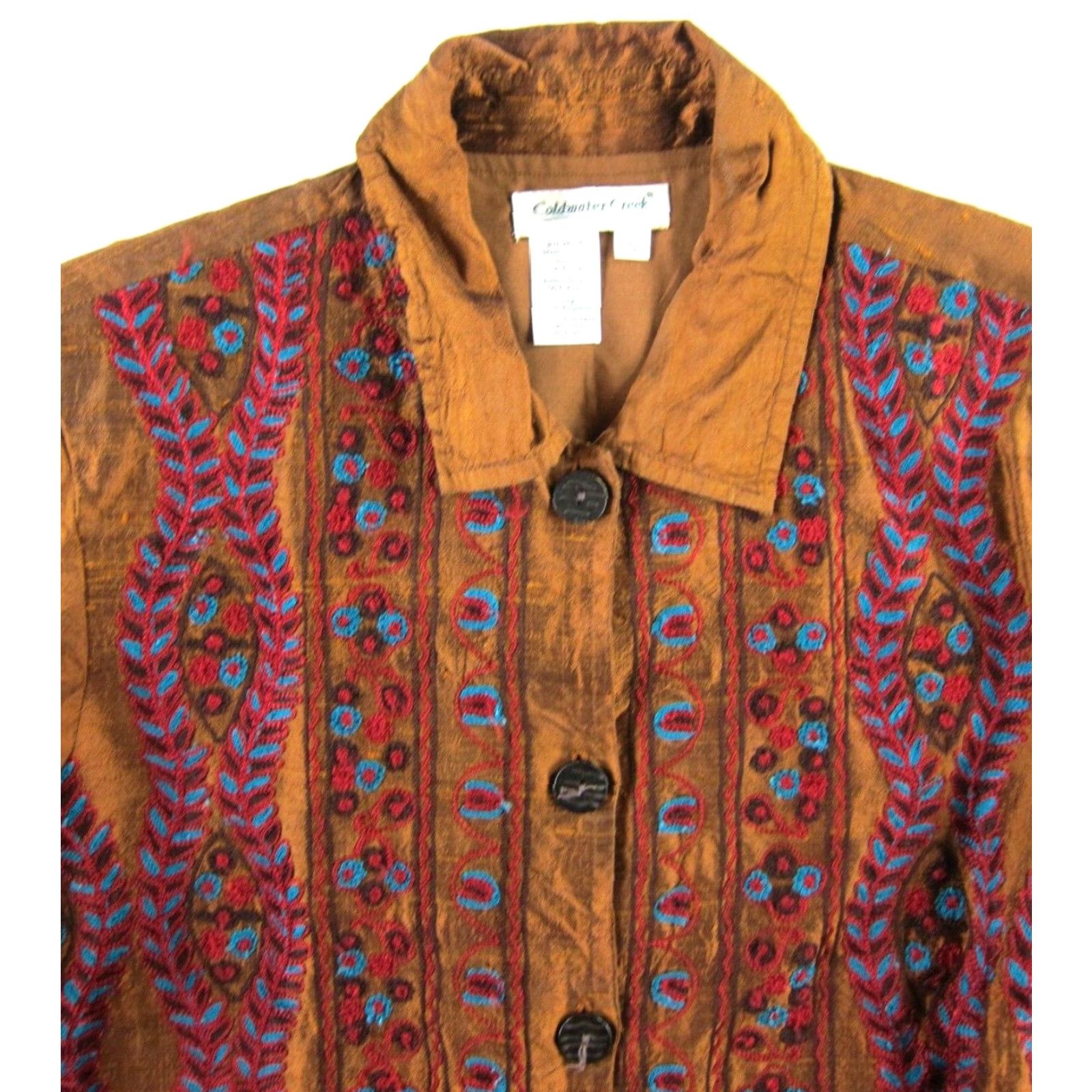 Coldwater Creek VINTAGE Coldwater Creek Silk Blouse Embroidered Floral Collared Button Up Silk Blouse S Brown Blue Red Womens Dress Shirt Size S / US 4 / IT 40 - 4 Thumbnail
