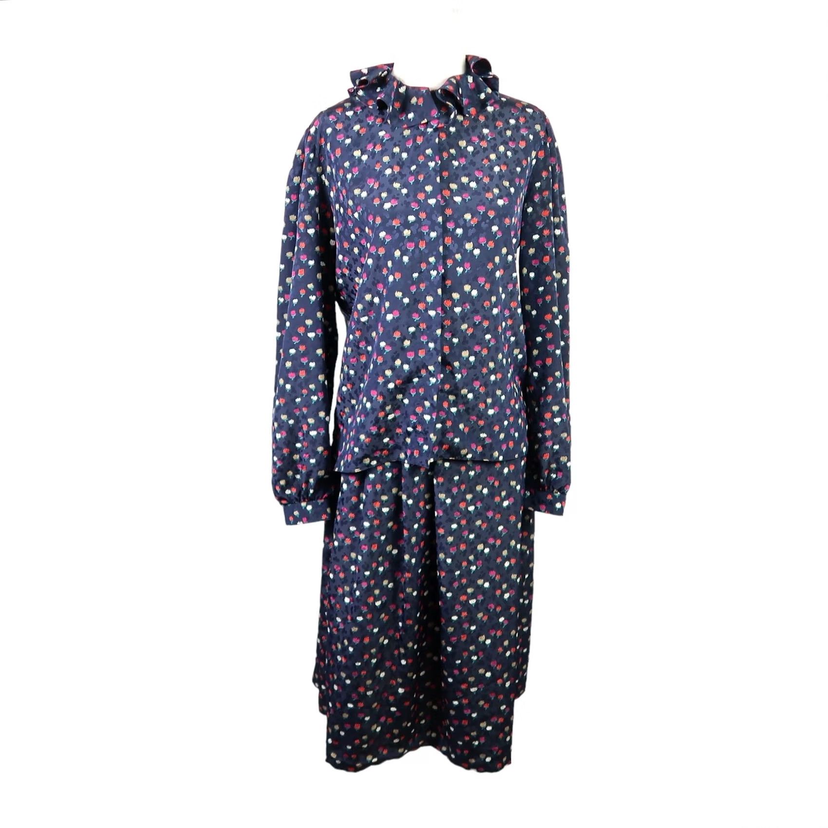 Vintage VINTAGE 80s navy blue and red tulip floral two piece blouse and skirt set 10 Size 4XL / US 24-26 - 5 Thumbnail
