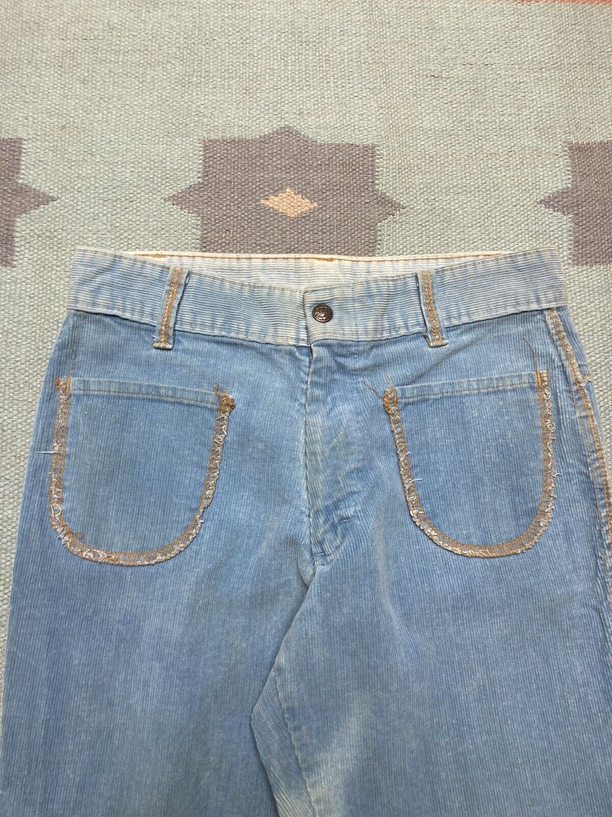 Vintage 70s corduroy bell bottom pants flare hippie baby blue 29x31 Size 29" - 4 Thumbnail